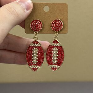 Red Rhinestone Football Dangle Drop Earrings 2.5 In Womens Game Day Jewelry